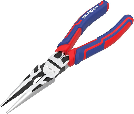 WORKPRO Premium 8 Needle Nose Pliers. Paper Clamp Precision. Heavy-Duty CRV Steel. Large Soft Grip with Wire Cutter. Long Nose Cutting Pliers. W031269