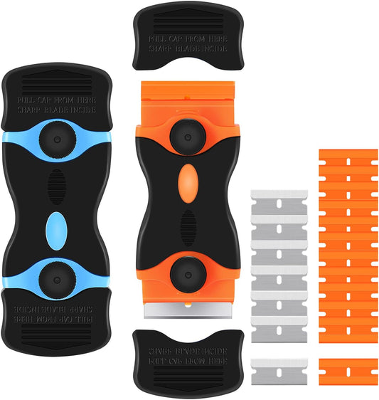 2PACK Razor Blade Scraper. 2-in-1 Scraper Tool with 12Pcs Plastic Blades and 7Pcs Metal Blades. Multi-Purpose Cleaning Razor Scraper for Decals. Stickers. Labels. Caulk. Adhesive. Paint Removal