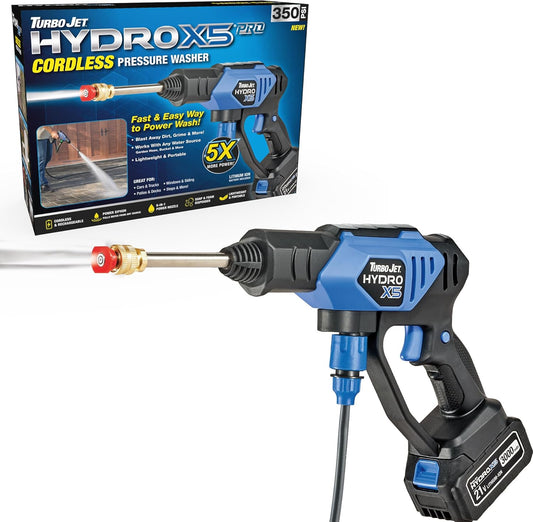 Ontel Turbo Jet HydroX5 Pro Portable Cordless Pressure Washer (21V 3000mAh Battery). 6-in-1 Nozzle. Dual Water Source. 16ft Detachable Hose