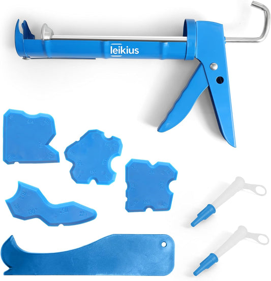 Caulk Gun Kit Smooths No-drip Silicone Caulking Gun and Caulking Tools. Sealant Tools Grout Scraper For Kitchen Bathroom Sink Joint.With Gift Box Works 10OZ Tubes blue