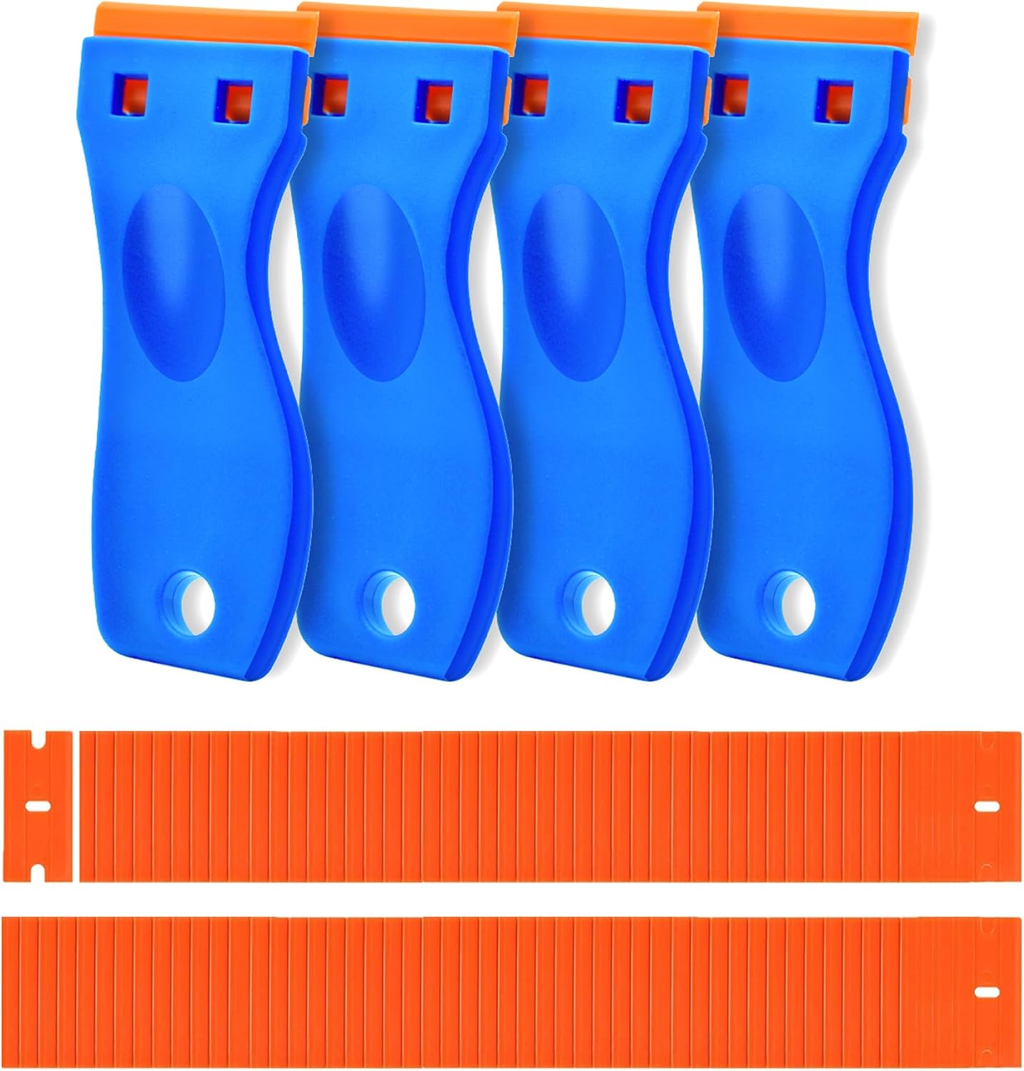 4 Pcs Plastic Razor Blade Scraper and 120 Pcs Blades. Remove Label Decal Tool.Forwithout Scratches Plastic Razor Blade Scraper. Adhesive Remover for Kitchen Appliances.Stickers and Paints on Window