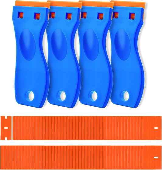 4 Pcs Plastic Razor Blade Scraper and 120 Pcs Blades. Remove Label Decal Tool.Forwithout Scratches Plastic Razor Blade Scraper. Adhesive Remover for Kitchen Appliances.Stickers and Paints on Window