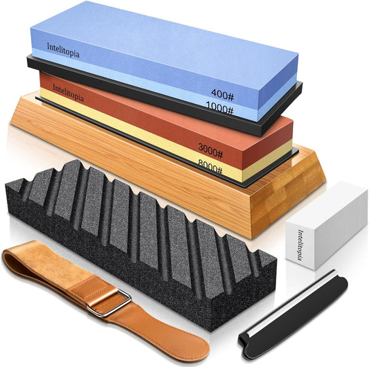 Intelitopia Complete Knife Sharpening Stone Set ¨C Dual Grit Whetstone 400/1000 3000/8000 Knife Sharpener with Leather Strop. Flattening Stone. Bamboo Base. 3 Non-slip Rubber Bases & Angle Guide